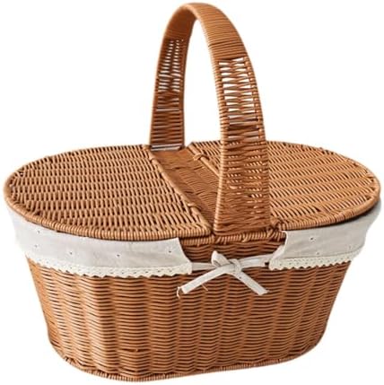 Imitation Rattan Picnic Basket Picnic Hamper Woven Storage Basket Fruit Basket for Bread Fishing Garden BBQ Outdoor Camping- Style a - Image 6