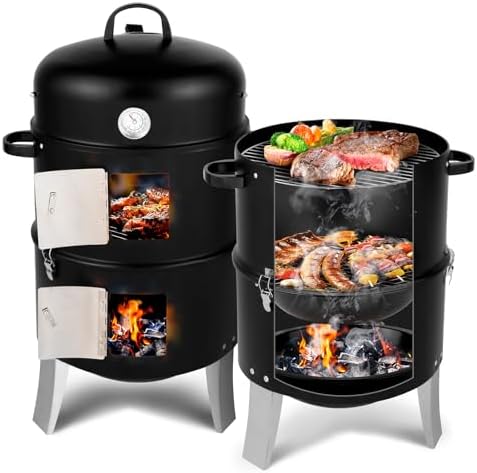 VINGLI 3-in-1 Vertical Charcoal Grill, 18.5'' Round Charcoal Smoker with Built-in Thermometer, Air Vent and 2 Access Doors, Perfect for Outdoor Cooking, Camping, Picnics, BBQs, and Tailgating Parties by VINGLI
