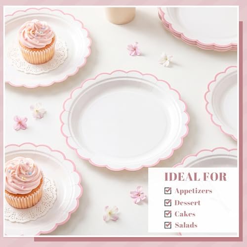 NatNarr 30 Pk Pink Paper Plates 7" Scalloped Pink White Dessert Cake Plates - Image 4