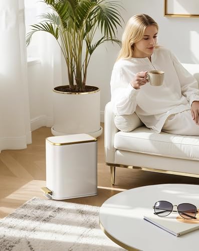 Cesun Small Bathroom Trash Can with Gold Grimmed Lid & Pedal, 1.3Gal, White - Image 5