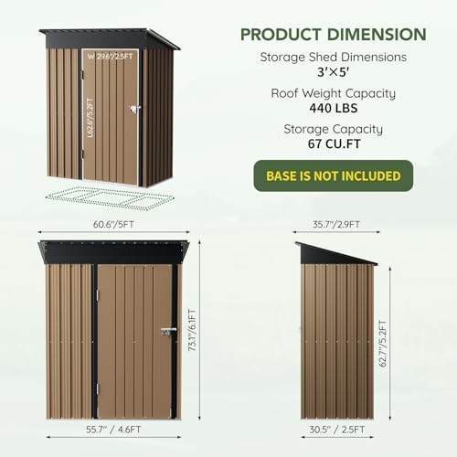 3 x 5 FT Metal Storage Shed for Backyard, Brown - Image 2