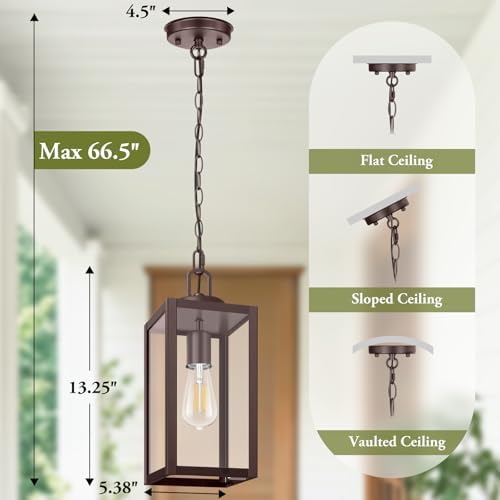 BesLowe Outdoor Pendant Light, Modern Hanging Lantern for Porch, Brown - Image 6