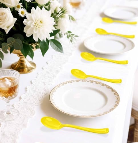 SietDESEO 50 PCS Yellow Plastic Spoons Disposable Utensils Heavy Duty Yellow Spoons Disposable Cutlery for Birthday Wedding Baby Shower Bridal Shower Plastic Silverware - Image 6