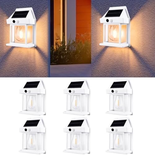 6 Pack Solar Wall Lights Outdoor with Motion Sensor, Vintage Solar Wall Lanterns, Dusk to Dawn IP65 Waterproof Solar Lights for Porch Patio Garage Fence Yard Garden (6, White) by Unknown