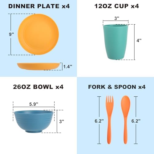 Wheat Straw Dinnerware Sets, 20 PCS Service for 4, Dishwasher & Microwave Safe Kids Plates and Bowls Sets, Unbreakable Lightweight Outdoor Camping Dishes - Multicolor - Image 2