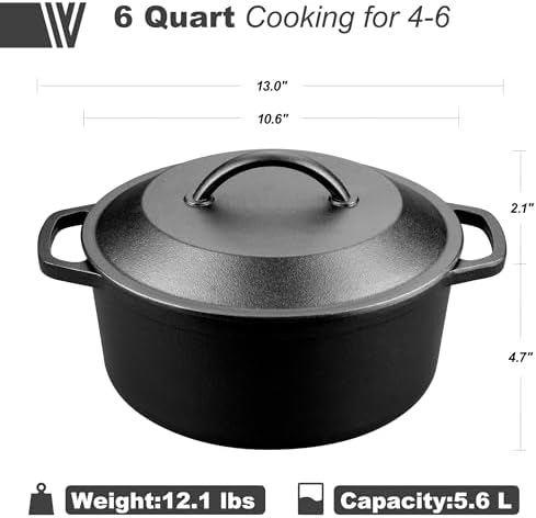 VORRINGARD Pre-Seasoned Cast Iron Dutch Oven with Lid, Round and Dual Handles, for Stovetop, Camping, Grill, Induction, Electric, Black, 6qt - Image 2