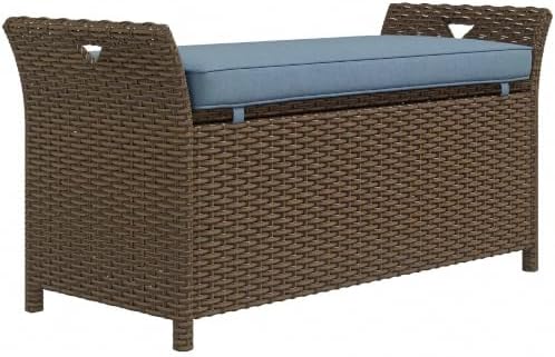 Outsunny 29 Gallon Patio Wicker Storage Bench Outdoor PE Rattan Dark Blue by Outsunny