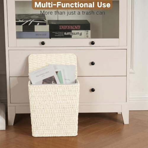 iEGrow Paper Rope Trash Can,Bathroom Trash Can with Lid, 3 Gallon Wicker Waste Basket with Removable Liner, for Bedroom, Living Room, Toilet, Under Sink Creamy White - Image 6