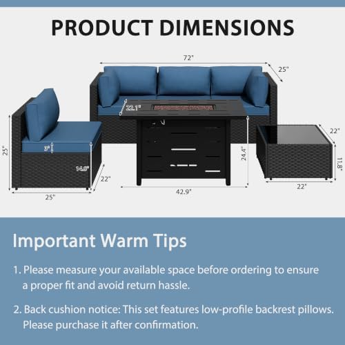 Shintenchi 6 Piece Outdoor Patio Furniture Set with 43 Inch Propane Fire Pit, Washable Cushions, Glass Coffee Table, Waterproof Cover & CSA Certified for Backyard Poolside, Black PE Rattan/Navy Blue - Image 2