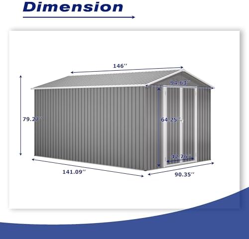 YOPTO 8x12 FT Outdoor Storage Shed W/Floor Frame,Metal Shed W/Double Lockable Doors,Garden Tool House W/ 2 Vents & Sloped Roof,for Backyard Patio Lawn,Gray - Image 4