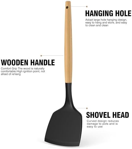 oannao Silicone Cooking Utensils Set Utensil Sets - 446°F Heat Resistant Silicone Kitchen Utensils Set Wooden Handles, Silicone Utensils for Cooking w Holder for Non-Stick Cookware BPA FREE (Black) - Image 7