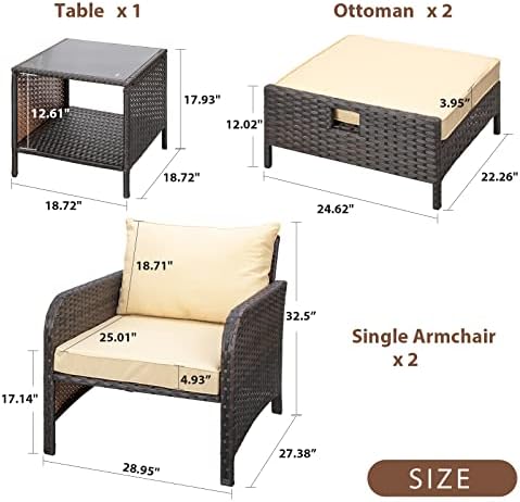 LEVELEVE Balcony Furniture 5 Piece Patio Conversation Set, PE Wicker Rattan Outdoor Lounge Chairs with Soft Cushions 2 Ottoman&Glass Table for Porch, Lawn-Brown Wicker - Image 5