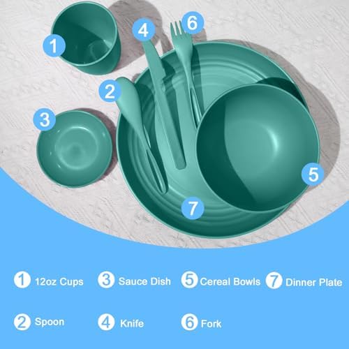 Wrova wheat straw bowls,plates,cups and cutlery sets 28 pcs - Dishwasher safe dish sets for kitchen, camping, indoors and outdoors.Green - Image 3