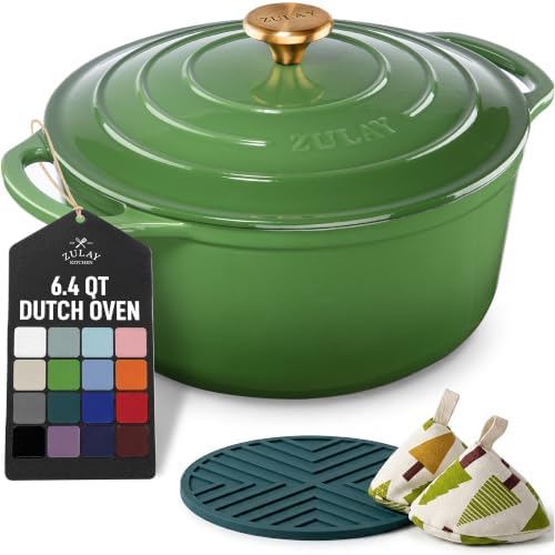 Zulay Kitchen 6.4QT Enameled Cast Iron Dutch Oven Pot with Lid, Heavy-Duty Soup Pot for Stews, Braising, Roasting & Sourdough Bread Baking, Oven Safe up to 500°F - Green by ZulayKitchen