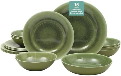 Gibson Home Casper Court 16-Piece Melamine Dinnerware Set – Green Reactive Glaze Look Plates and Bowls, Service for 4 – Top Rack Dishwasher Safe Everyday Dining Set by GibsonHomewares