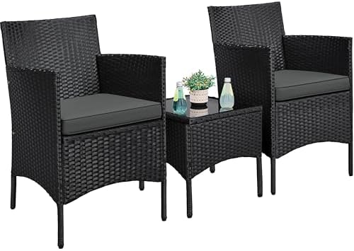 Yaheetech 3 Pieces Patio Porch Furniture Set, Outdoor PE Rattan Wicker Conversation Set with Soft Cushions, Glass Coffee Table & 2 Chairs for Garden/Deck/Courtyard/Poolside, Black/Gray by Yaheetech