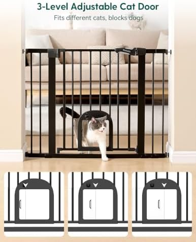 Babelio Dog Gate with Adjustable Cat Door, CatPrivilege III, 29-43", Black - Image 3