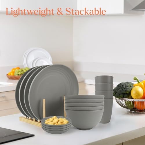 Wrova Wheat straw plates and bowls sets of 16 - Unbreakable wheat straw dinnerware sets for party - Alternative plastic dinnerware set for camping,party and R.V. Grey - Image 4