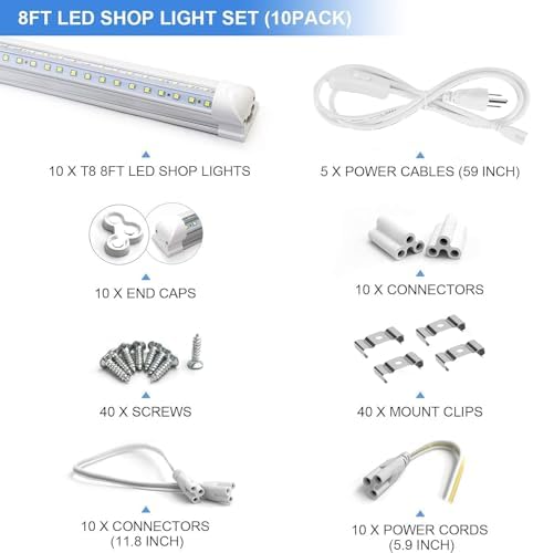 10-Pack 8ft LED Shop Light Fixture - 90W T8 Integrated LED Tube Light - 6500K 12000LM V-Shape Linkable - High Output - Clear Cover - Plug and Play - 270 Degree Lighting for Garage, Shop, Barn - Image 2