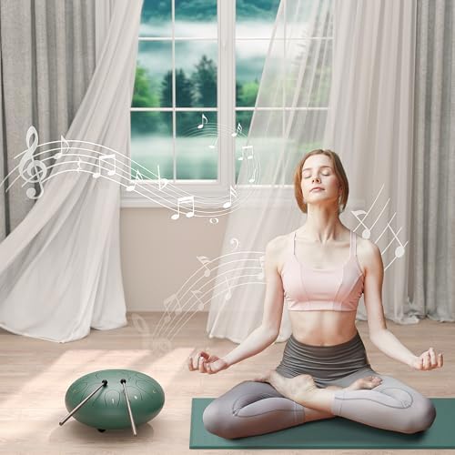 Rain Drum for Outside Garden, 8 Inches 11 Notes Steel Tongue Drum, Waterproof Meditation Rain Chime, Musical Instruments for Adult Gift with Bag, Music Book, Mallets (Green) - Image 4