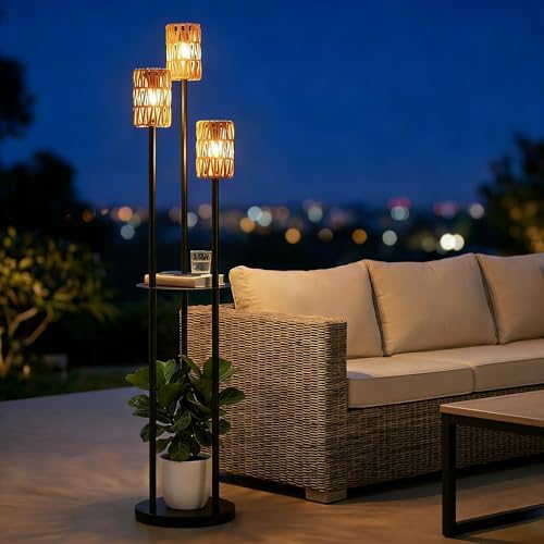 Solar Outdoor Floor Lamp Waterproof, Cordless Outdoor Lamps for Patio with Shelves Plant Stand, Rattan Solar Lamp for Outside, Wireless Outdoor Light for Yard Garden Deck Porch Decor by Stepeak