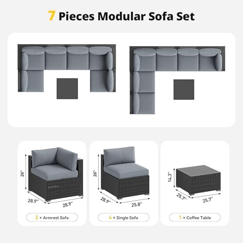 Aoxun Patio Furniture Set, 7 Piece Outdoor Sectional Sofas with Waterproof Cover, Wicker Rattan Outdoor Furniture Patio Conversation Set for Backyard, Garden Light Grey - Image 6