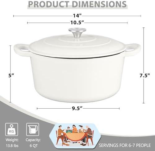 E-far 6 Quart Dutch Oven, Enameled Cast Iron Dutch Oven Pot with Lid, Nonstick Round Cookware for Braising/Stews/Roasting/Bread Baking/Cooking, Heavy Duty, Induction & Oven Safe - White - Image 2