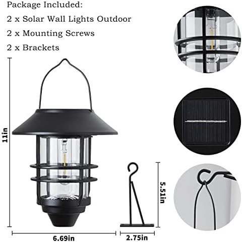 2 Pack Solar Lanterns Outdoor, Hanging Solar Lights for Outside Glass Metal with Wall Mount Bracket,Waterproof Auto Dusk to Dawn Garden Lantern for Fence Porch Decor- Warm White - Image 6