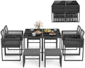 Tangkula 9 Pieces Patio Dining Set, Outdoor Space-Saving Furniture Set with PE Rattan Chairs, Tempered Glass Table and Ottomans, Outdoor Sectional Conversation Set with Cushions for Yard by TANGKULA
