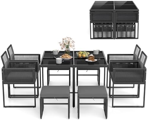 Tangkula 9 Pieces Patio Dining Set, Outdoor Space-Saving Furniture Set with PE Rattan Chairs, Tempered Glass Table and Ottomans, Outdoor Sectional Conversation Set with Cushions for Yard by TANGKULA