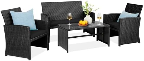 Best Choice Products 4-Piece Outdoor Wicker Patio Conversation Furniture Set for Backyard w/Coffee Table, Seat Cushions - Black/Black by BestChoiceProducts