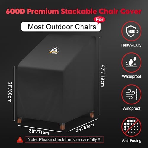 Zettum Stackable Patio Chair Cover - 600D Outdoor Chair Cover Waterproof & Heavy Duty, Lawn Furniture Stacking Seat Cover for 4 - 6 Outdoor Stackable Dining Chairs - 28 x 36 x 47 Inch - Image 2