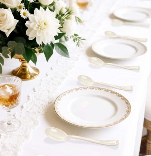 SietDESEO 50 PCS Ivory Plastic Spoons Disposable Utensils Heavy Duty Ivory Spoons Disposable Cutlery for Birthday Wedding Baby Shower Bridal Shower Plastic Silverware - Image 6
