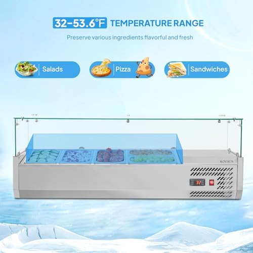 ROVSUN 48" Refrigerated Condiment Prep Station ETL NSF, 25.1QT Sandwich Prep Table Salad Bar Prep Rail w/Auto Defrost Temp Control Glass Shield 3 1/3 Pan & 2 1/4 Pan for Restaurant Food Truck - Image 4