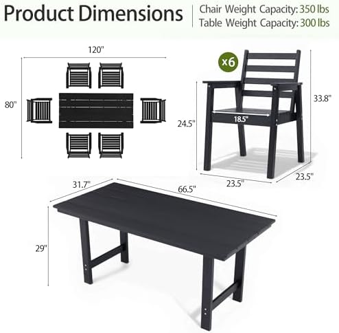7-Piece Outdoor Dining Set, All-Weather HDPE Patio Furniture, 66.5" Slatted Table with 1.6" Umbrella Hole & 6 Ergonomic Armchairs, Heavy Duty 350lbs Capacity, UV Resistant, Black - Image 4