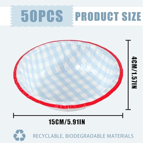 50 Pcs Small Paper Bowls, 8 oz Disposable Gingham Bowls, Soak Proof, Cut Proof, Microwave Safe Compostable Checkered Bowl for Ice Cream, Snack, Buffalo Plaid Birthday Party Supplies (Blue) - Image 3
