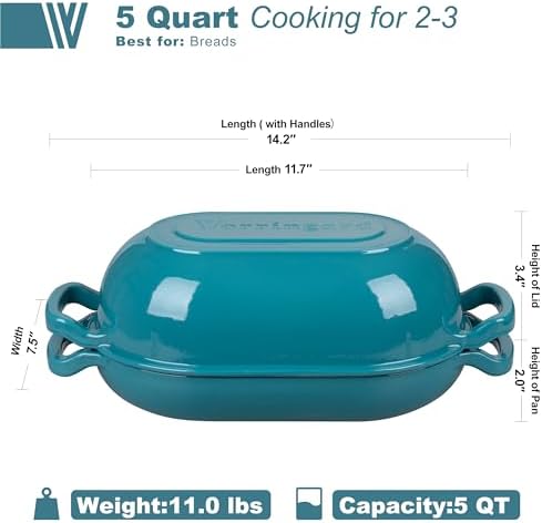 VORRINGARD Enameled Cast Iron Sourdough Bread Oven, Dutch Oven, Loaf Cast Iron Bread Pan for Homemade Bread Baking, Meatloaf Pan with Lid, 5QT, Bluegreen - Image 2
