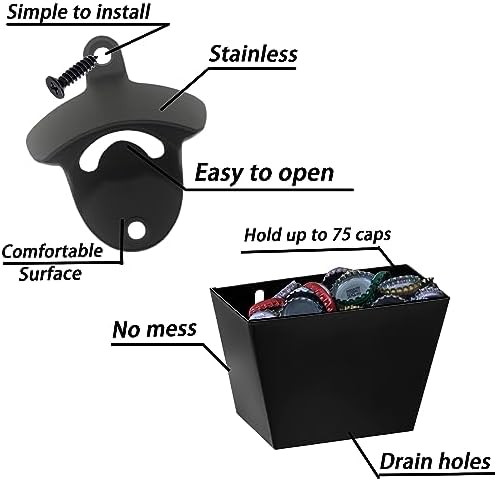 Black Beer Bottle Opener Wall Mounted with Cap Catcher Drain Hole - Image 2