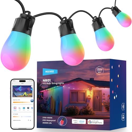 NEEWER 48ft Outdoor String Lights, App Control Smart AI RGBW Hanging, NR01 by Neewer