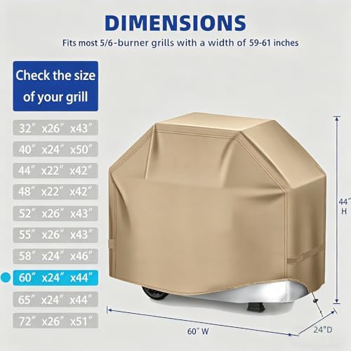 BBQ Gas Grill Cover for Outdoor, Anti-UV, Rip-Proof, 600D Oxford Fade Resistant Material, Barbecue Cover with Hook and Loop Straps & Adjustable Hem Drawstring (Beige, 60”x24”x44”) - Image 2