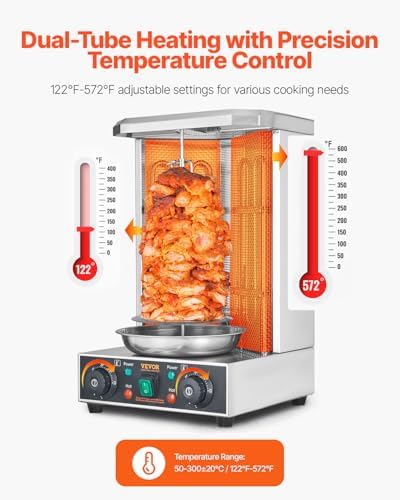VEVOR Shawarma Grill Machine, 122°F-572°F, 13lbs Capacity, Chicken Shawarma Cooker Machine with 2 Burners, Stainless Steel, Electric Vertical Broiler Gyro Rotisserie Oven for Home and Commercial Use - Image 3