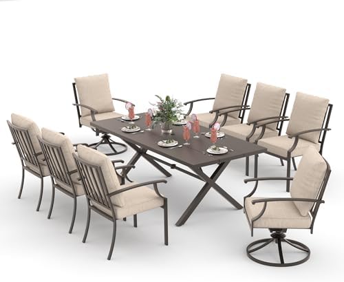 ALAULM 9-Piece Patio Dining Table and Chairs for 8 Outdoor Dining Set with 2 Swivel Chairs Patio Dining Sets with Rectangular Metal Table with Umbrella Hole for Patio, Backyard, Garden-Sand - Image 7