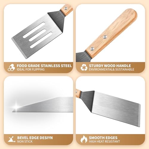Stainless Steel Spatula Set, 2 pcs for Cast Iron Skillet with Wooden Handle - Image 2
