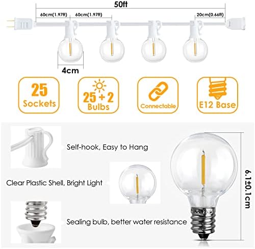 Mlambert 50Ft Outdoor String Lights, G40 Globe Patio Lights with 25+2 Waterproof Shatterproof LED Bulbs for Balcony Porch Bistro Deck-White Wire - Image 4