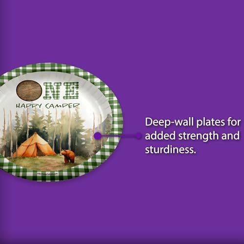One Happy Camper Boy's First Birthday - 32 Piece Disposable Party Supplies - Decorations for Camping 1st Birthday Round Party Plates - Large 9" Paper Plates In Bulk - Image 3