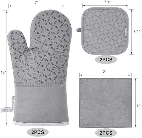 KEGOUU Oven Mitts and Pot Holders 6pcs Set, Kitchen Oven Glove High Heat Resistant 500 Degree Extra Long Oven Mitts and Potholder with Non-Slip Silicone Surface for Cooking (Light Gary) - Image 2