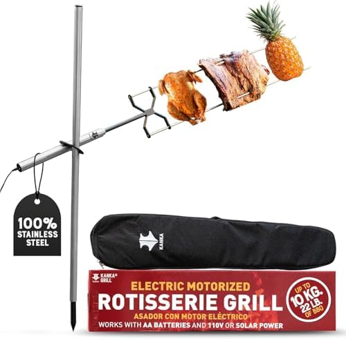 KANKA Rotisserie Grill Kit – Heavy Duty Portable Spit Roaster with Electric Motor – Works with Fire Pits, Campfires, Charcoal & Gas Grills – 22LB Capacity, Stainless Steel - Includes Carrying Bag by KANKA