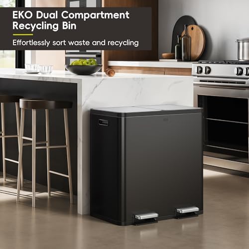 EKO EcoCasa Plus 2 x 10.6 Gal (2 x 40 L) Dual Trash Can for Kitchen, Large Stainless Steel Step-On Garbage Can, Trash and Recycle Bin Combo with Soft-Close Lids, Removable Buckets, Matte Black - Image 3