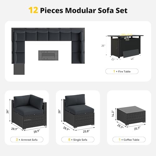 Aoxun Patio Furniture Set with Fire Pit Table, 12 Piece Outdoor Sectional Sofas, 10 Seats Wicker Rattan Outdoor Furniture with Thickened Cushion for Backyard, Garden Dark Grey - Image 7