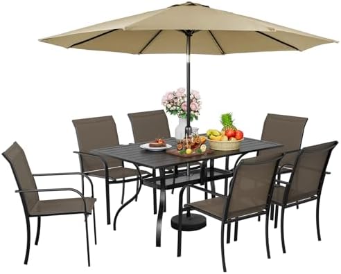 Incbruce 8 Pieces Patio Dining Set with Brown Umbrella, Outdoor Dining Set of 6 Textilene Chairs and Rectangle Table with Umbrella Hole for Backyard, Garden, and Poolside (Brown) by Incbruce